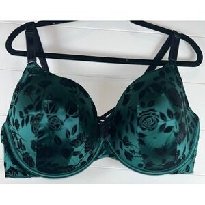 Torrid 46DDD Green Black Floral Velvet Lace Up Front XO Plunge Push Up Bra
